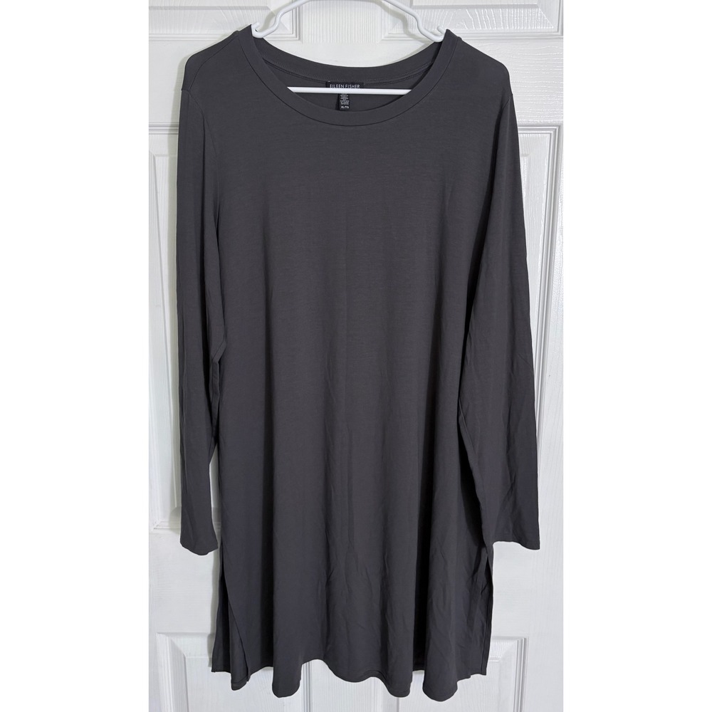 Eileen Fisher Viscose Jersey Crew Neck Dress XL Grey Long Sleeve